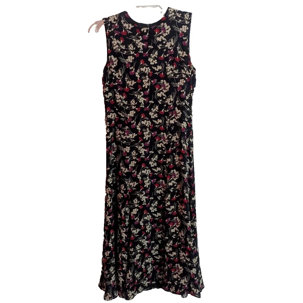 y2k Jones New York Navy Floral Silk Midi Dress Size 8 M1 Cottage Romantic